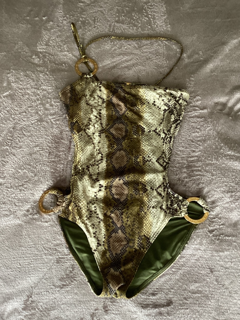 Michael Kors Olive Snake-Print Kids One-Piece Swimsuit with Gold Rings